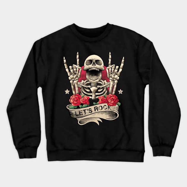 Lets Rock Rock&Roll Skeleton Hand Vintage Retro Rock Concert Crewneck Sweatshirt by MerchBeastStudio